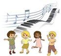 Children dancing, piano and music note background