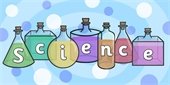 "Science" spelled out in bottles with different color liquid