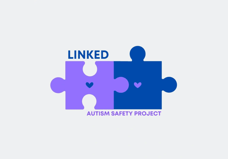 LINKED Autism Safety Logo consisting of purple and blue puzzle pieces