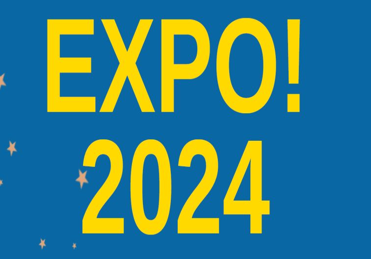 Blue background with text EXPO! 2024 in bold yellow text
