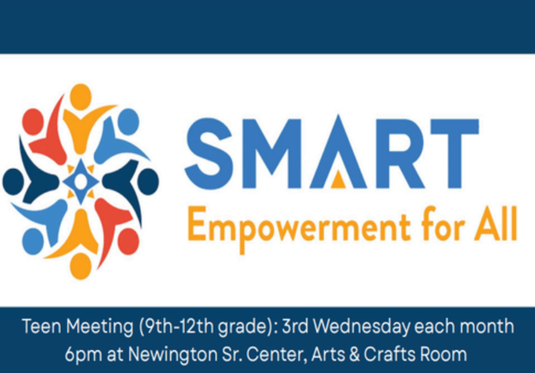 Blue & Yellow Font w/ SMART Empowerment for All; meeting audience, date, time