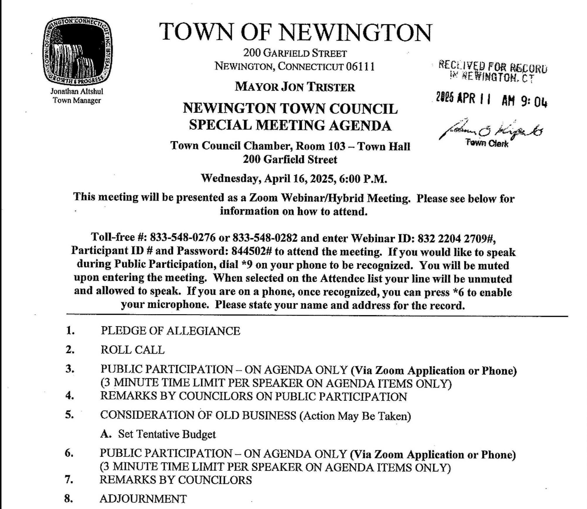 Picture of the Agenda NTC Special Meeting April 16 2025