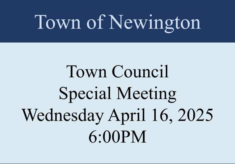 Two tone blue gray box with Town of Newington Town Council Special Meeting in the box