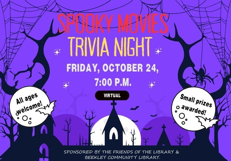 Virtual spooky movies trivia night on Friday, October 24 at 70:00 pm