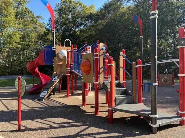 Red and blue sports-themed playground.