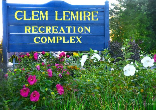 Blue sign with gold letters that read "Clem Lemire Recreation Complex" and flowers planted ben